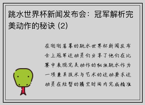 跳水世界杯新闻发布会：冠军解析完美动作的秘诀 (2)